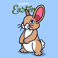 A cute brown rabbit with paws on its stomach stands in full growth. Back lettering Happy Easter.