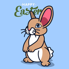 Obraz premium A cute brown rabbit with paws on its stomach stands in full growth. Back lettering Happy Easter.