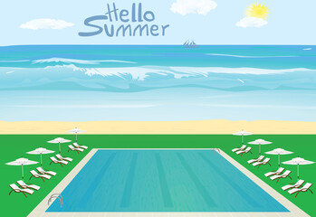 Hello summer. pool and beach. vector