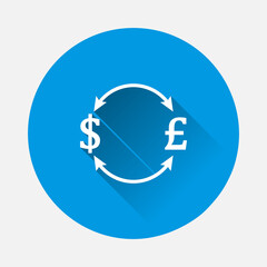 Vector arrow and euro dollar sign icon on blue background. Flat image with long shadow.