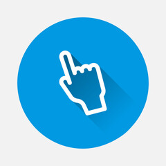 Hand clicks. Cursor icon on blue background. Flat image with long shadow.