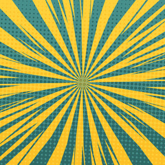 Pop art radial colorful comics book magazine cover. Striped orange and blue digital background. Cartoon funny retro pattern strip mock up. Vector halftone illustration. Sunburst, starburst shape