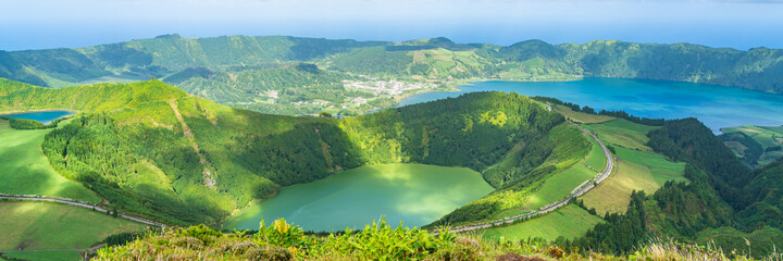 Naklejka na ściany i meble Panorama at Miradouro da Boca do Inferno overlooking the lakes of Sete Cidades, island Sao Miguel, Azores