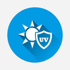 UV protection vector icon on blue background. Flat image with long shadow.