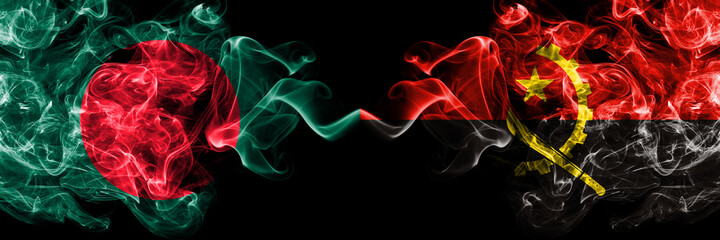 Bangladesh, Bangladeshi vs Angola, Angolan smoky mystic flags placed side by side. Thick colored silky abstract smokes flags.