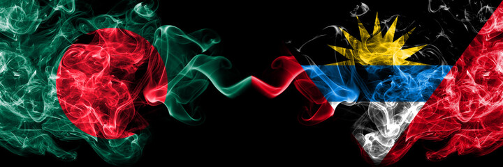 Bangladesh, Bangladeshi vs Antigua and Barbuda, Antiguan and Barbudan smoky mystic flags placed side by side. Thick colored silky abstract smokes flags.