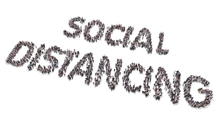 Crowd of people with masks gather and form social distancing text