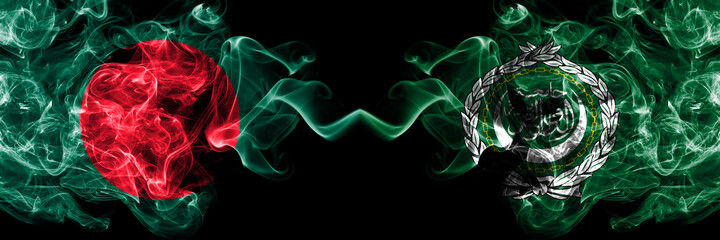 Bangladesh, Bangladeshi vs Arab League smoky mystic flags placed side by side. Thick colored silky abstract smokes flags.