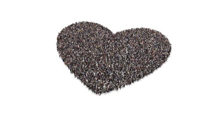 Crowd of people gather and form full heart shape.