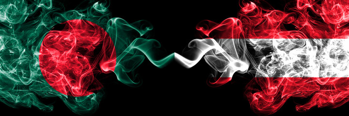 Bangladesh, Bangladeshi vs Austria, Austrian smoky mystic flags placed side by side. Thick colored silky abstract smokes flags.