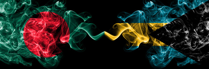 Bangladesh, Bangladeshi vs Bahamas, Bahamian smoky mystic flags placed side by side. Thick colored silky abstract smokes flags.
