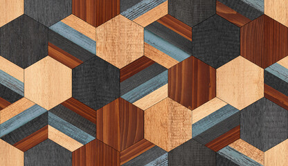 Seamless wooden background. Multicolored wooden panel with hexagonal pattern for wall decor..  