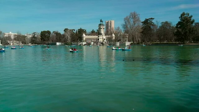 Lake of the Retiro Park ( Porque del Retiro )in Madrid with people paddling in boats 