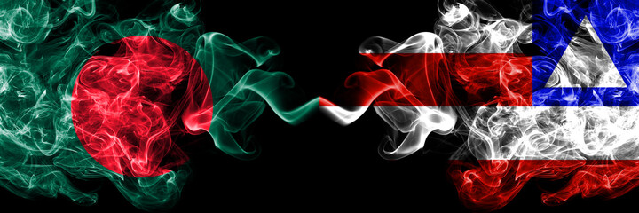 Bangladesh, Bangladeshi vs Brazil, Brazilian, Bahia smoky mystic flags placed side by side. Thick colored silky abstract smokes flags.