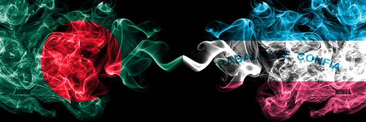 Bangladesh, Bangladeshi vs Brazil, Brazilian, Espirito Santo smoky mystic flags placed side by side. Thick colored silky abstract smokes flags.