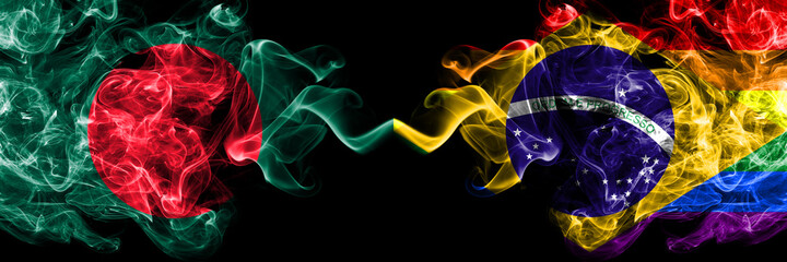 Bangladesh, Bangladeshi vs Brazil, Brazilian, Gay smoky mystic flags placed side by side. Thick colored silky abstract smokes flags.