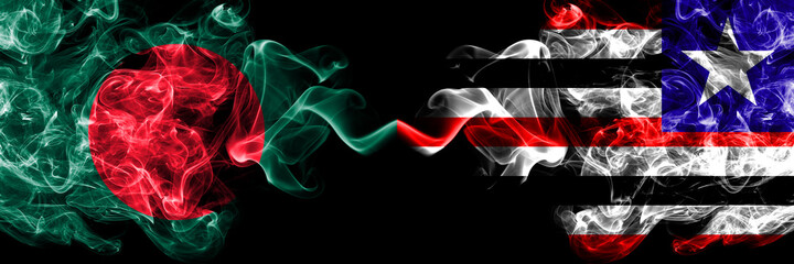 Bangladesh, Bangladeshi vs Brazil, Brazilian, Maranhao smoky mystic flags placed side by side. Thick colored silky abstract smokes flags.