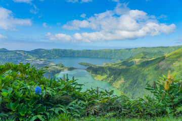 Fototapeta na wymiar Miradouro da Boca do Inferno overlooking the lakes of Sete Cidades, island Sao Miguel, Azores