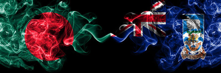 Bangladesh, Bangladeshi vs British, Britain, Falkland Islands smoky mystic flags placed side by side. Thick colored silky abstract smokes flags.