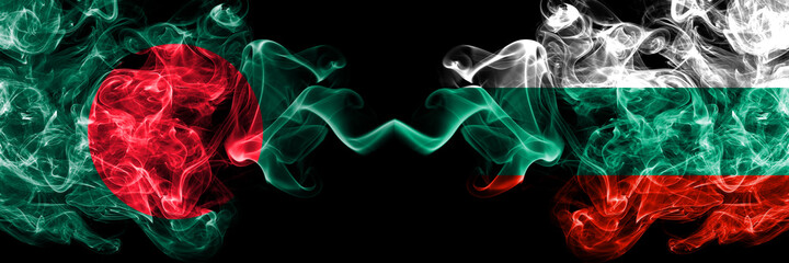 Bangladesh, Bangladeshi vs Bulgaria, Bulgarian smoky mystic flags placed side by side. Thick colored silky abstract smokes flags.