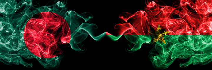 Bangladesh, Bangladeshi vs Burkina Faso, Burkinese smoky mystic flags placed side by side. Thick colored silky abstract smokes flags.
