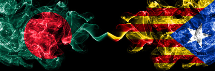 Bangladesh, Bangladeshi vs Catalonia, Catalan, Catalonian, Spain smoky mystic flags placed side by side. Thick colored silky abstract smokes flags.