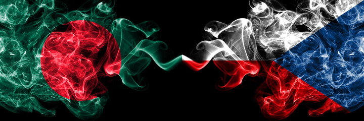 Bangladesh, Bangladeshi vs Czech Republic smoky mystic flags placed side by side. Thick colored silky abstract smokes flags.