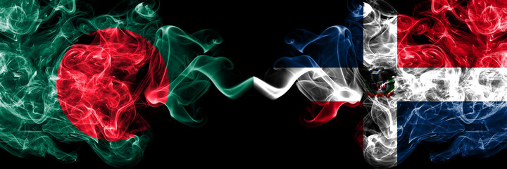 Bangladesh, Bangladeshi vs Dominican Republic smoky mystic flags placed side by side. Thick colored silky abstract smokes flags.