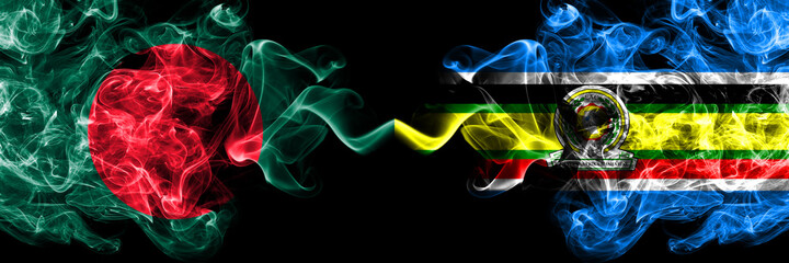 Bangladesh, Bangladeshi vs East African Community smoky mystic flags placed side by side. Thick colored silky abstract smokes flags.