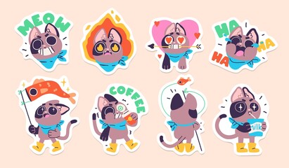 Illustration of a funny cat in diferent situations. Set of stickers, badges, patches. Vector