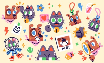 Illustration of a funny cat & dog in diferent situations. Set of stickers, badges, patches. Vector