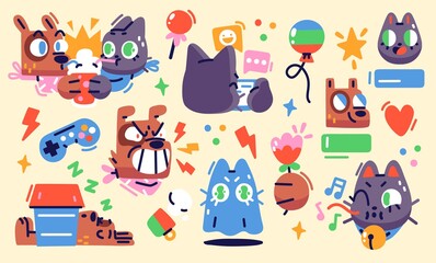 Illustration of a funny cat & dog in diferent situations. Set of stickers, badges, patches. Vector