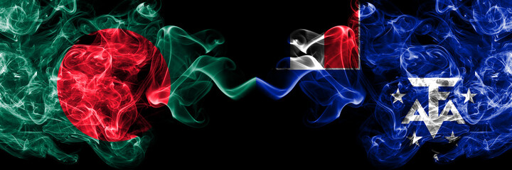 Bangladesh, Bangladeshi vs France, French Southern and Antarctic Lands smoky mystic flags placed side by side. Thick colored silky abstract smokes flags.