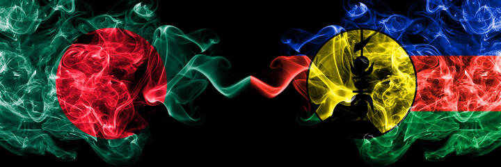 Bangladesh, Bangladeshi vs France, French, FLNKS smoky mystic flags placed side by side. Thick colored silky abstract smokes flags.