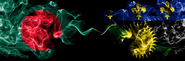 Bangladesh, Bangladeshi vs France, French, Guadeloupe smoky mystic flags placed side by side. Thick colored silky abstract smokes flags.