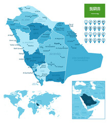 Saudi Arabia detailed administrative blue map with country flag and location on the world map. Vector illustration