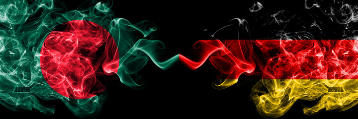 Bangladesh, Bangladeshi vs Germany, German, Deutschland smoky mystic flags placed side by side. Thick colored silky abstract smokes flags.