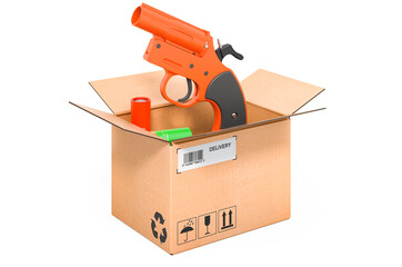Signal pistol inside cardboard box, delivery concept. 3D rendering
