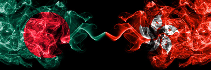 Bangladesh, Bangladeshi vs Hong Kong, China, Chinese smoky mystic flags placed side by side. Thick colored silky abstract smokes flags.