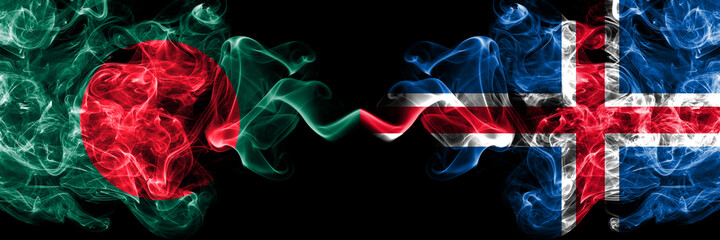 Bangladesh, Bangladeshi vs Iceland, Icelandic smoky mystic flags placed side by side. Thick colored silky abstract smokes flags.