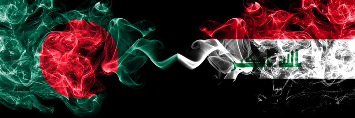 Bangladesh, Bangladeshi vs Iraq smoky mystic flags placed side by side. Thick colored silky abstract smokes flags.