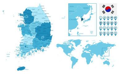 South Korea detailed administrative blue map with country flag and location on the world map. Vector illustration