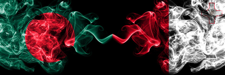 Bangladesh, Bangladeshi vs Malta, Maltese smoky mystic flags placed side by side. Thick colored silky abstract smokes flags.