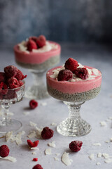 Coconut and raspberry chia pudding with yogurt.