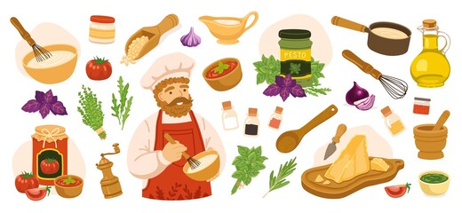 Set of classic french, italian sauces. Pesto, bolognese, béchamel. Collection of different ingredients, vegetables, spices, herbs, kitchenware. Hand-drawn vector illustration. All elements isolated