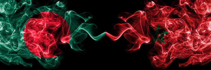 Bangladesh, Bangladeshi vs Morocco, Moroccan smoky mystic flags placed side by side. Thick colored silky abstract smokes flags.
