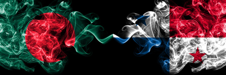 Bangladesh, Bangladeshi vs Panama, Panamanian smoky mystic flags placed side by side. Thick colored silky abstract smokes flags.
