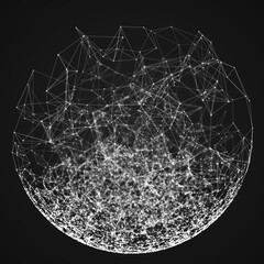 Abstract 3D sphere of particles and lines. Network or connection. Ball or globe of points. Futuristic digital technology background. Illustration of sphere. 3d rendering