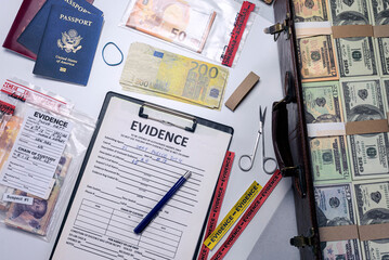 dollar bills and passports in criminal investigation unit, conceptual image