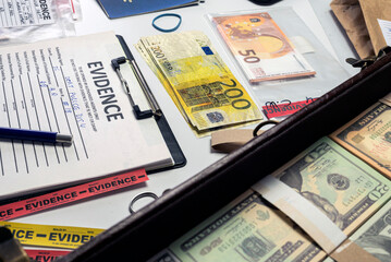 dollar bills and passports in criminal investigation unit, conceptual image